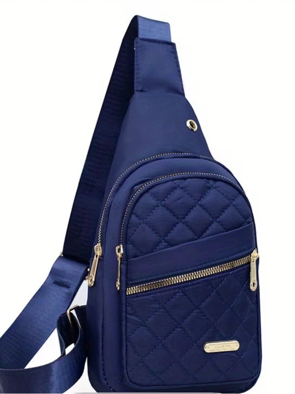 Quilted Navy Crossbody Sling Bag with Gold Hardware